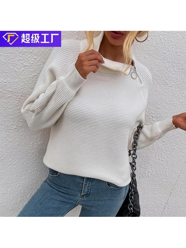 Solid color high collar zip sweater top fashion outfits