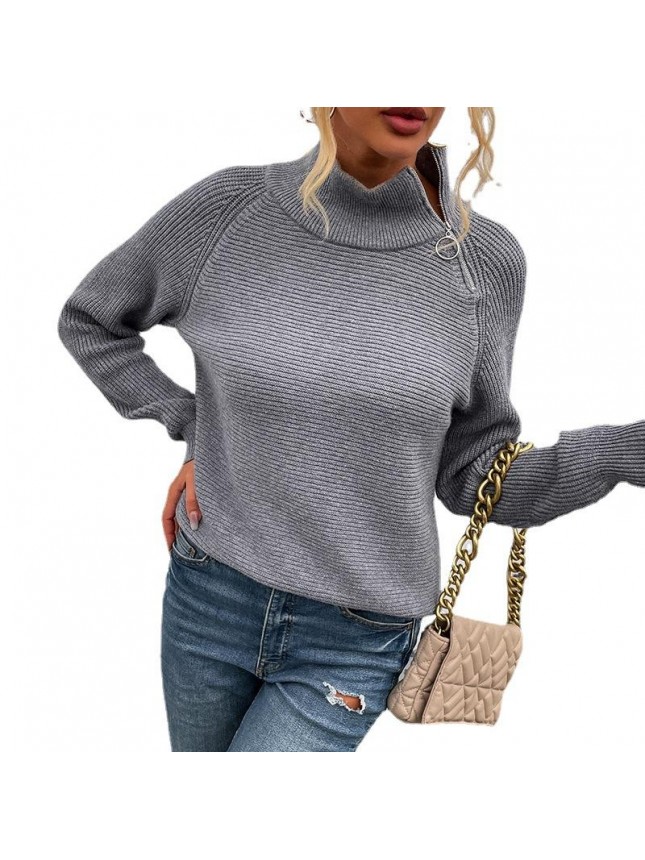 Solid color high collar zip sweater top fashion outfits