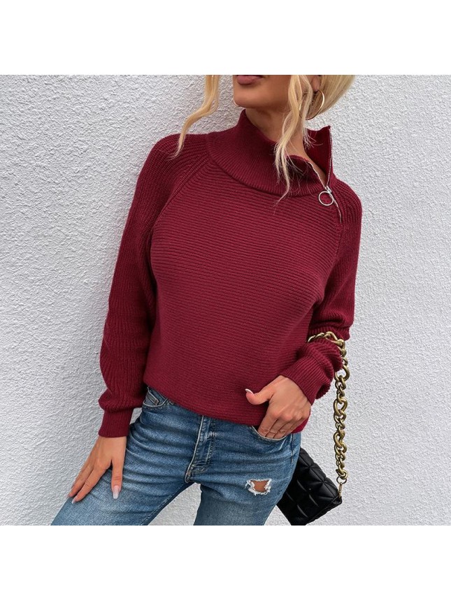 Solid color high collar zip sweater top fashion outfits