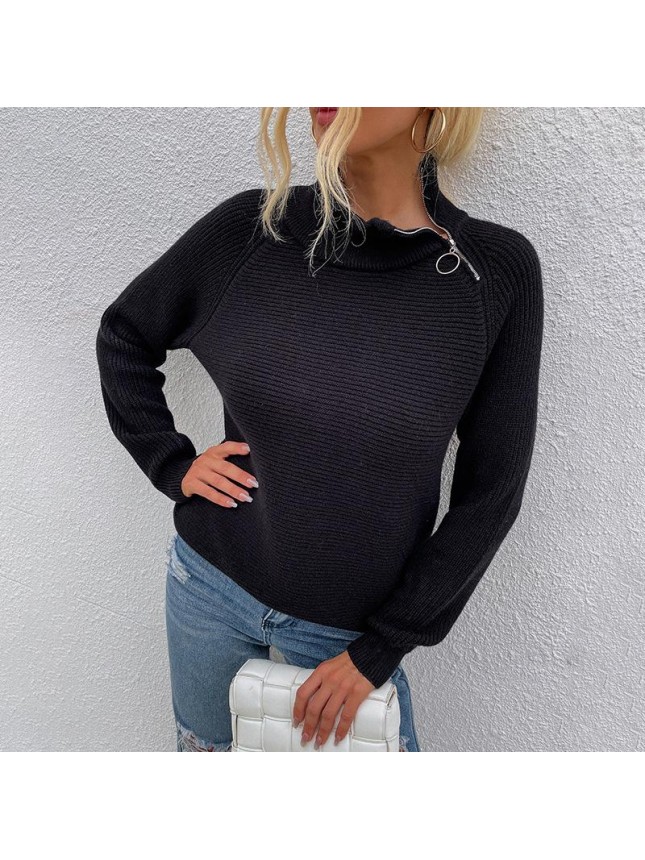Solid color high collar zip sweater top fashion outfits