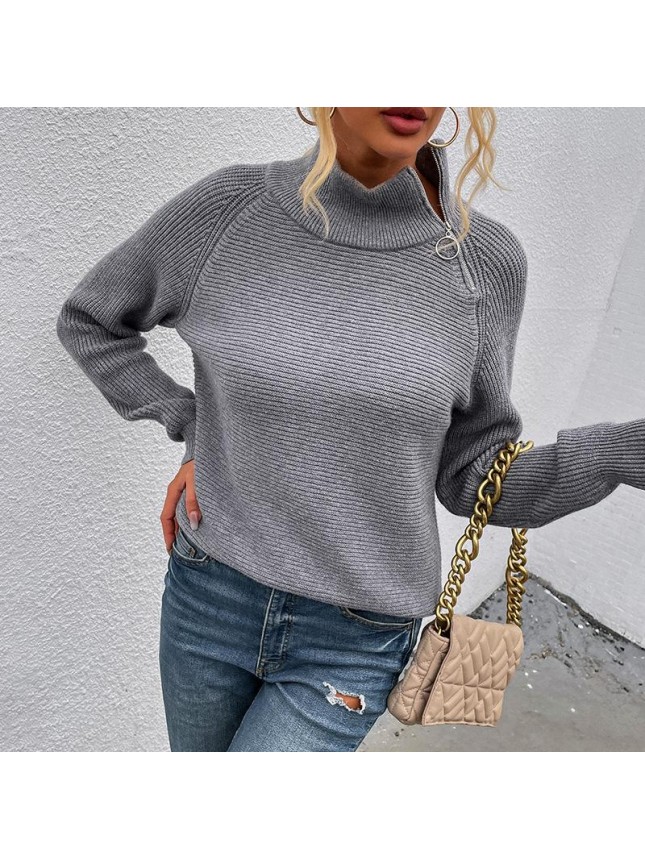 Solid color high collar zip sweater top fashion outfits