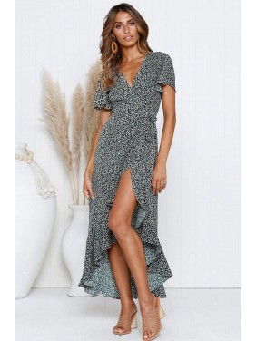 High Low Ditsy Floral Wrap Beach Vacation Dress – Black