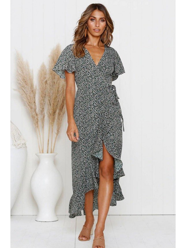 High Low Ditsy Floral Wrap Beach Vacation Dress – Black