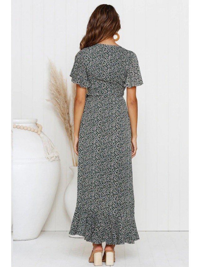 High Low Ditsy Floral Wrap Beach Vacation Dress – Black