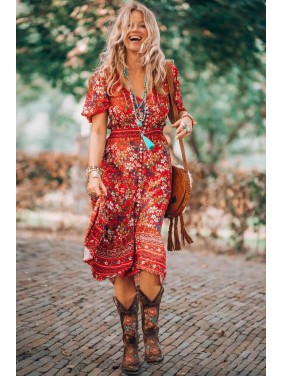 Floral Short Sleeve Button Down Boho Style Midi Dress – Red