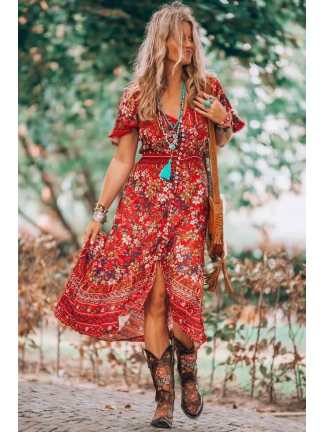 Floral Short Sleeve Button Down Boho Style Midi Dress – Red
