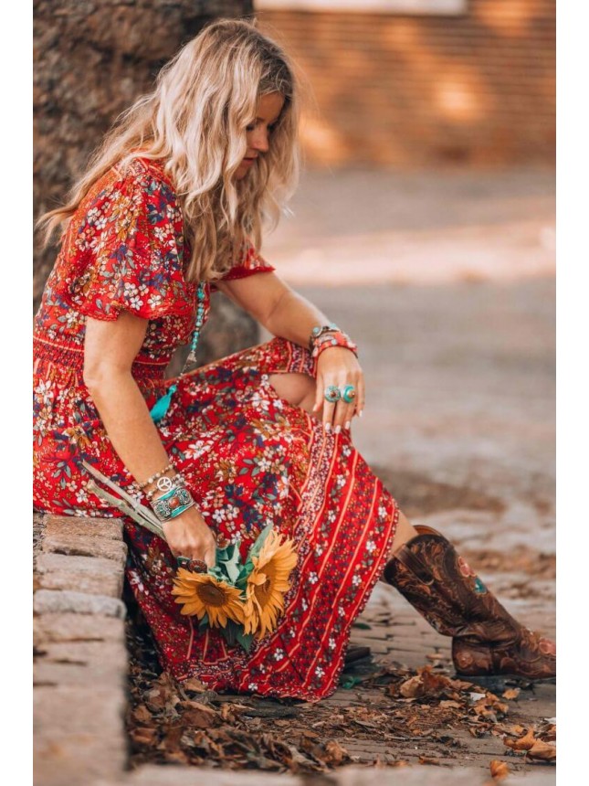 Floral Short Sleeve Button Down Boho Style Midi Dress – Red
