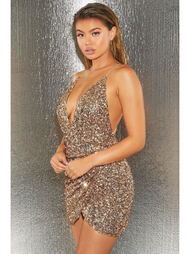 Glitter Sequin Deep Ruched Mini Club Dress – Gold