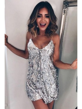 Glitter Sequin Mini Cocktail Party Dress – Silver