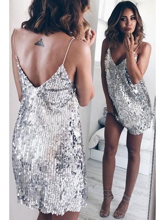 Glitter Sequin Mini Cocktail Party Dress – Silver