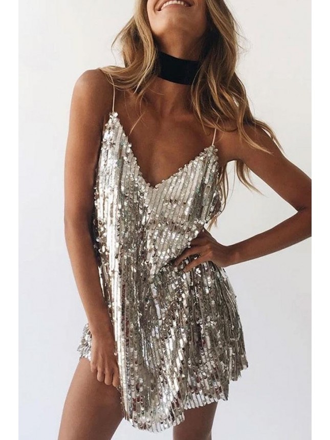 Glitter Sequin Mini Cocktail Party Dress – Silver