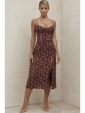 Floral Spaghetti Strap High Slit Bustier Midi Dress – Burgundy