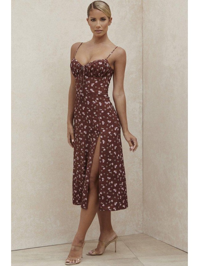 Floral Spaghetti Strap High Slit Bustier Midi Dress – Burgundy