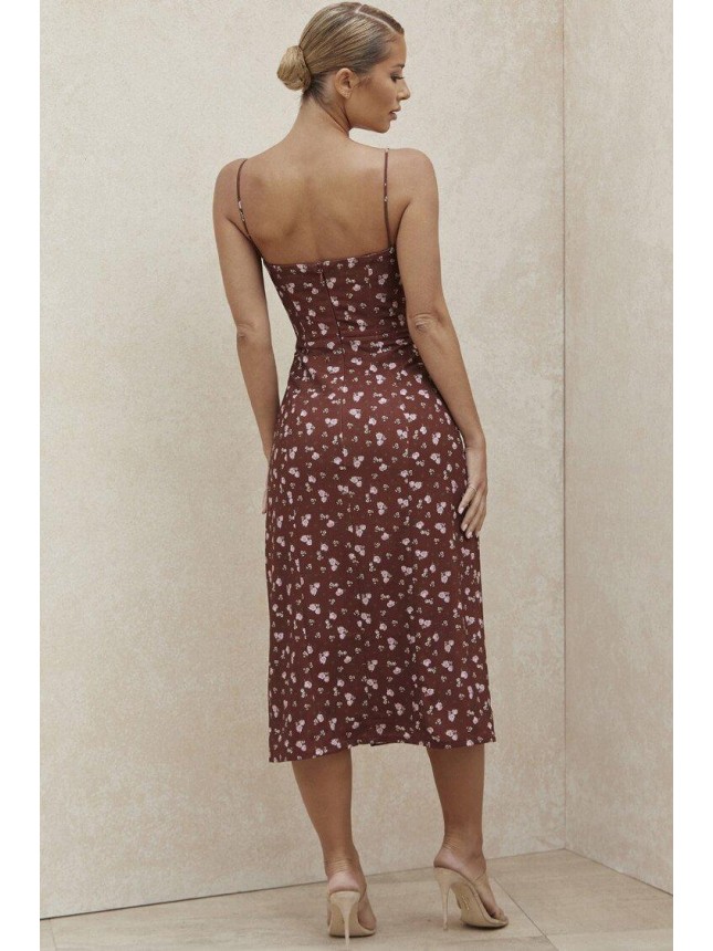 Floral Spaghetti Strap High Slit Bustier Midi Dress – Burgundy