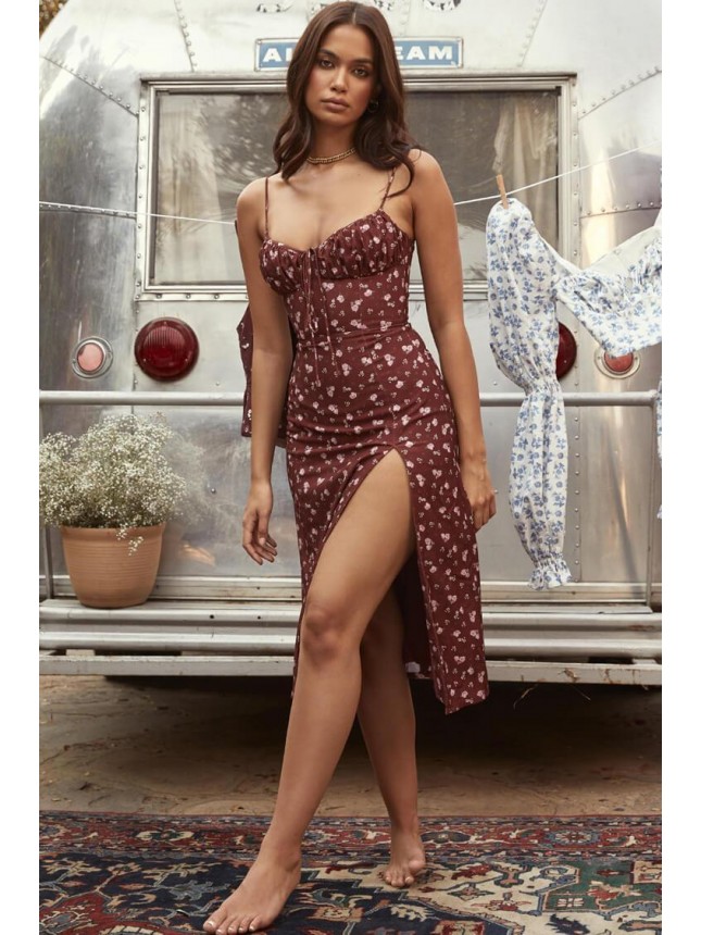 Floral Spaghetti Strap High Slit Bustier Midi Dress – Burgundy