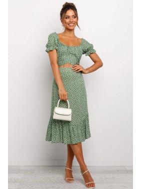 Cute Floral Puff Sleeve Midi Two Piece Dress – Green