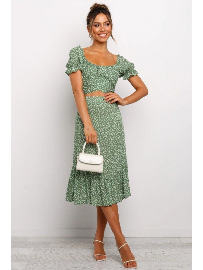Cute Floral Puff Sleeve Midi Two Piece Dress – Green