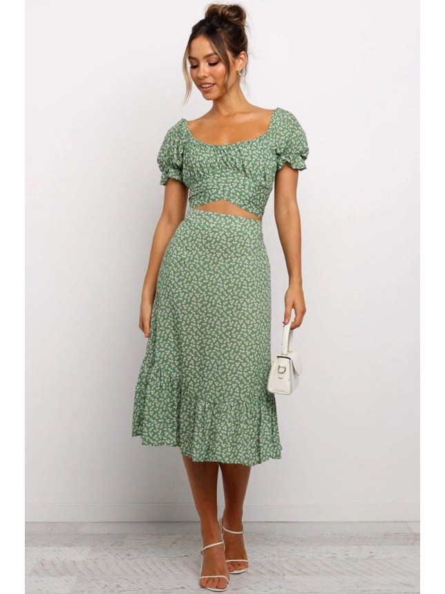 Cute Floral Puff Sleeve Midi Two Piece Dress – Green
