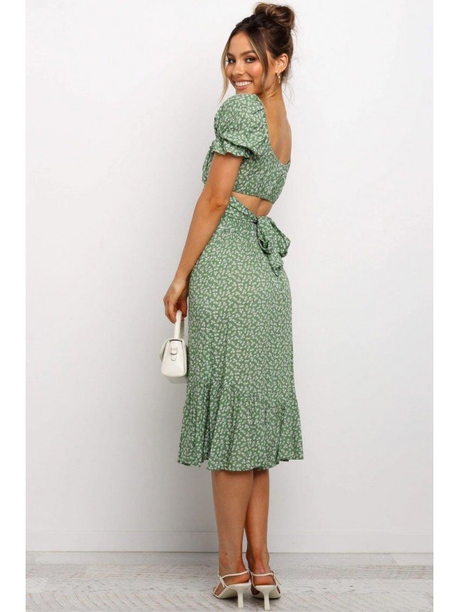 Cute Floral Puff Sleeve Midi Two Piece Dress – Green