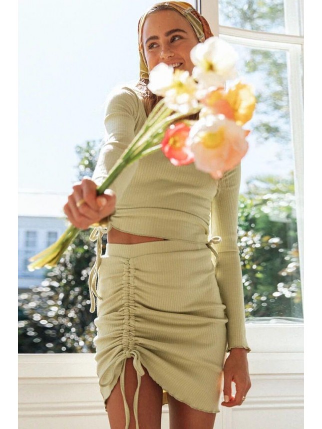 Ribbed Long Sleeve Ruched Mini Two Piece Dress – Grass Green
