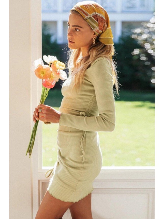 Ribbed Long Sleeve Ruched Mini Two Piece Dress – Grass Green