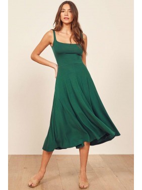 Pocketed A-Line Summer Midi Sundress – Emerald Green