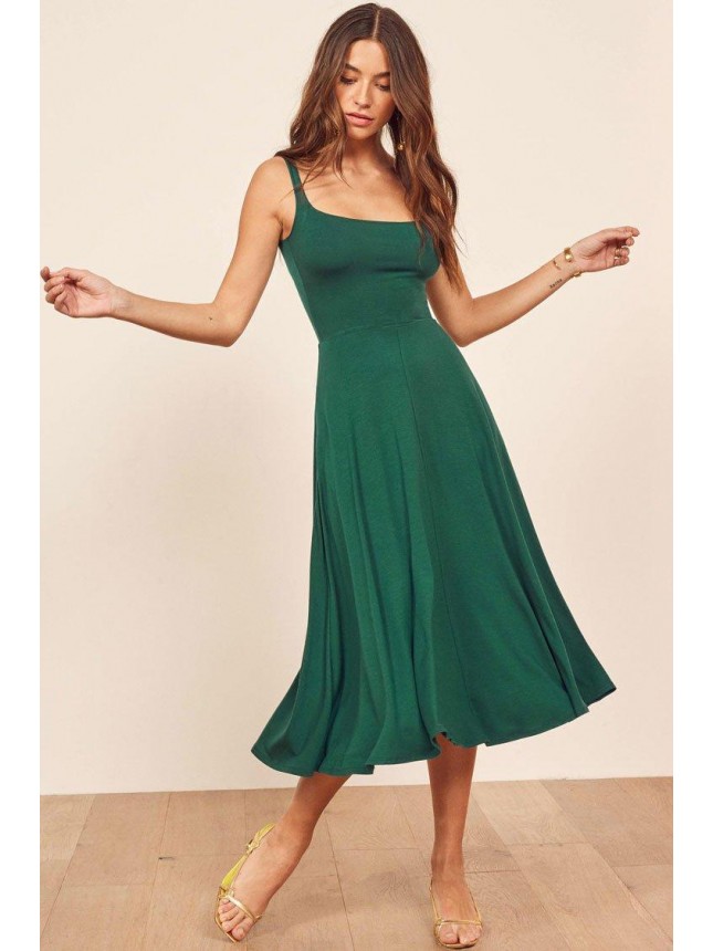 Pocketed A-Line Summer Midi Sundress – Emerald Green