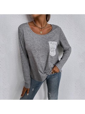 Solid lace pocket irregular kit loose long sleeve T shirt