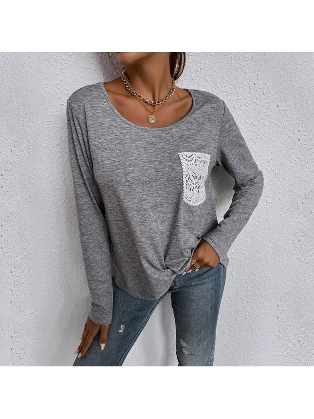 Solid lace pocket irregular kit loose long sleeve T shirt