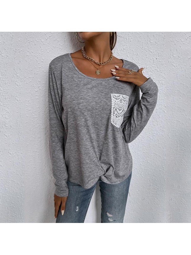 Solid lace pocket irregular kit loose long sleeve T shirt