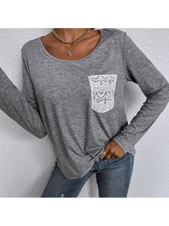 Solid lace pocket irregular kit loose long sleeve T shirt