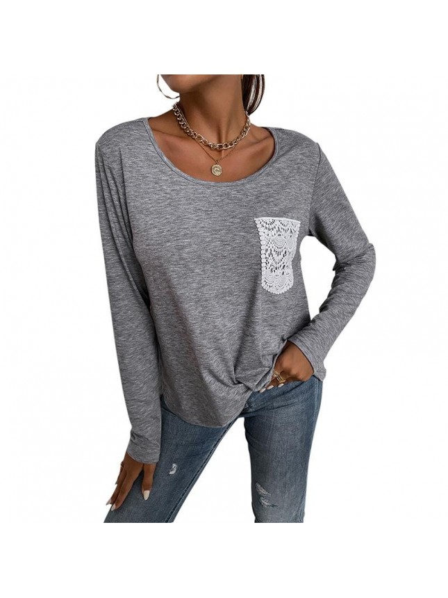 Solid lace pocket irregular kit loose long sleeve T shirt