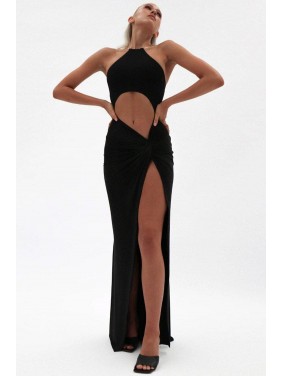 High Slit Sleeveless Twist Ruched Cut Out Halter Maxi Dress – Black