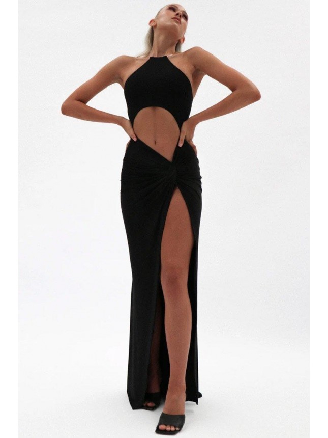 High Slit Sleeveless Twist Ruched Cut Out Halter Maxi Dress – Black