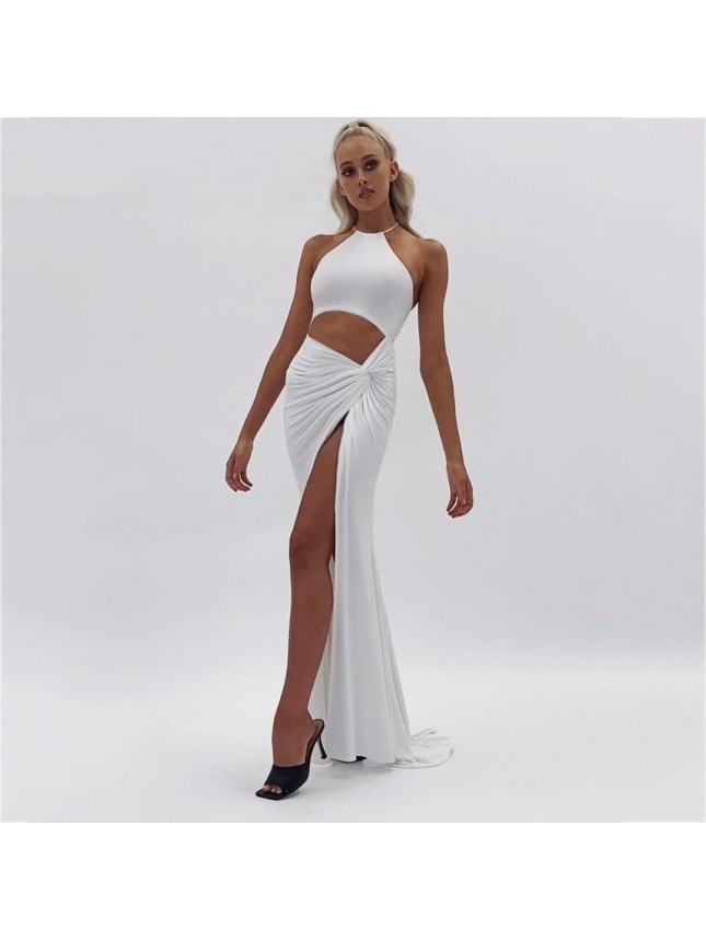 High Slit Sleeveless Twist Ruched Cut Out Halter Maxi Dress – Black