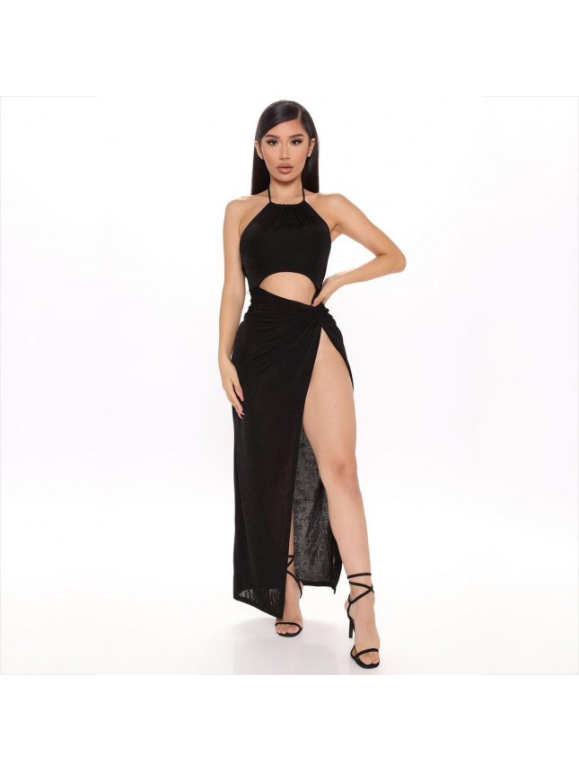 High Slit Sleeveless Twist Ruched Cut Out Halter Maxi Dress – Black