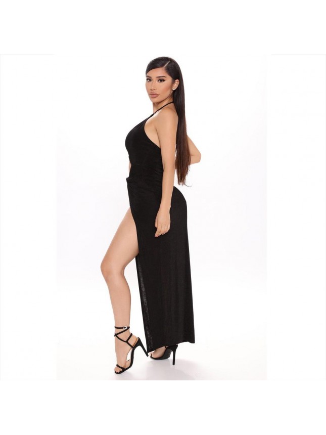 High Slit Sleeveless Twist Ruched Cut Out Halter Maxi Dress – Black