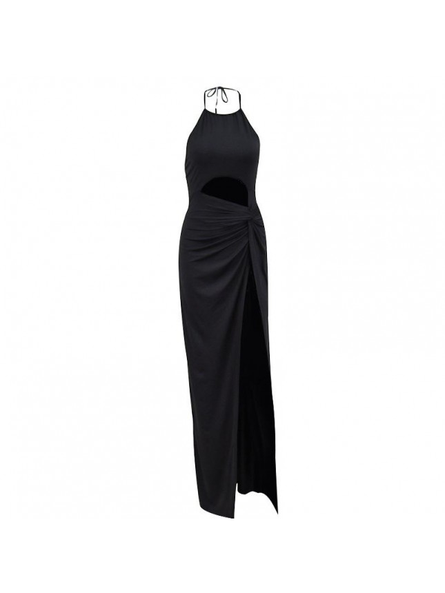 High Slit Sleeveless Twist Ruched Cut Out Halter Maxi Dress – Black