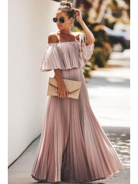 Foldover Off Shoulder Pleated Maxi Beach Vacation Dress – Pink