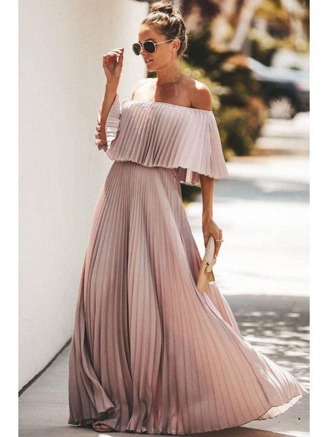 Foldover Off Shoulder Pleated Maxi Beach Vacation Dress – Pink