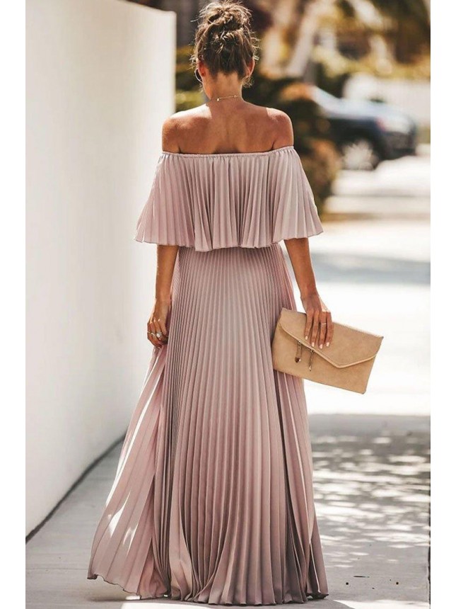 Foldover Off Shoulder Pleated Maxi Beach Vacation Dress – Pink