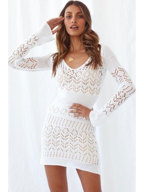 Long Sleeve Crochet Openwork Knit Mini Beach Vacation Dress – White