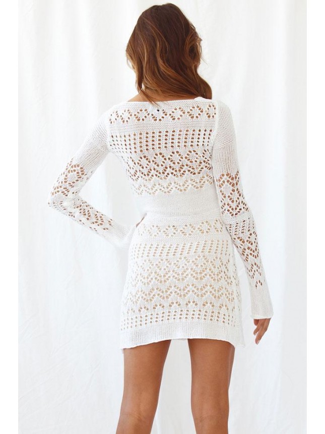 Long Sleeve Crochet Openwork Knit Mini Beach Vacation Dress – White