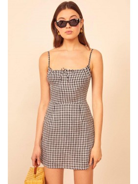 Retro Plaid Spaghetti Strap Tie Front Linen Mini Dress – Black