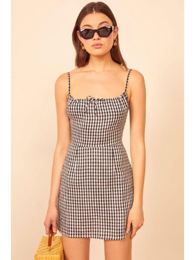 Retro Plaid Spaghetti Strap Tie Front Linen Mini Dress – Black