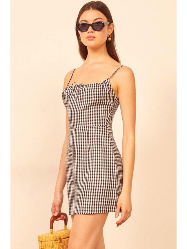 Retro Plaid Spaghetti Strap Tie Front Linen Mini Dress – Black