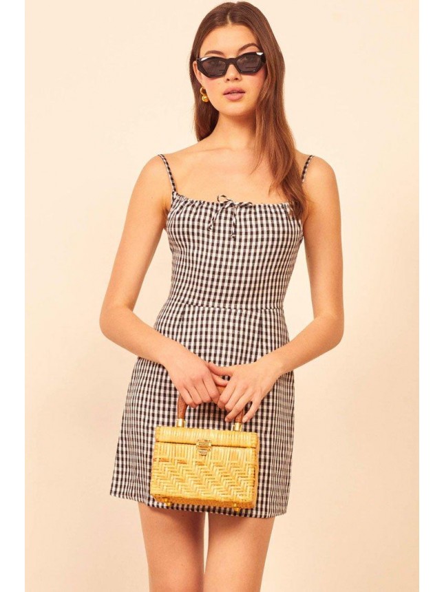 Retro Plaid Spaghetti Strap Tie Front Linen Mini Dress – Black