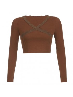 Navel cross lace splicing short long sleeve top T shirt