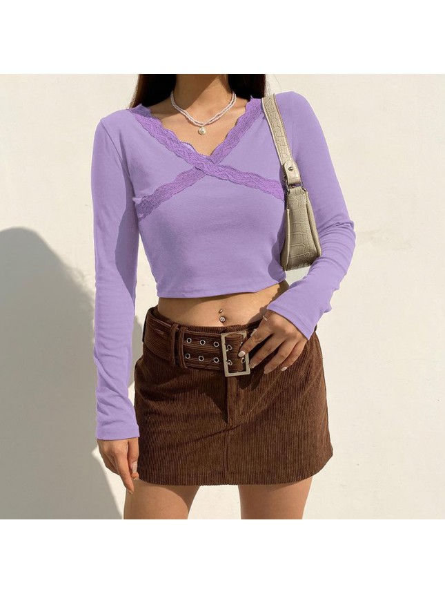 Navel cross lace splicing short long sleeve top T shirt