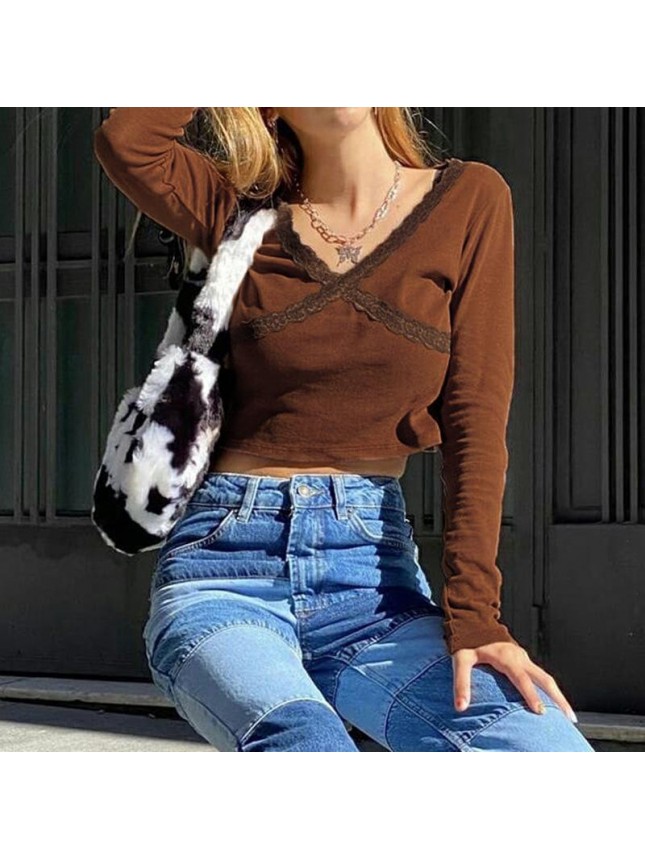 Navel cross lace splicing short long sleeve top T shirt